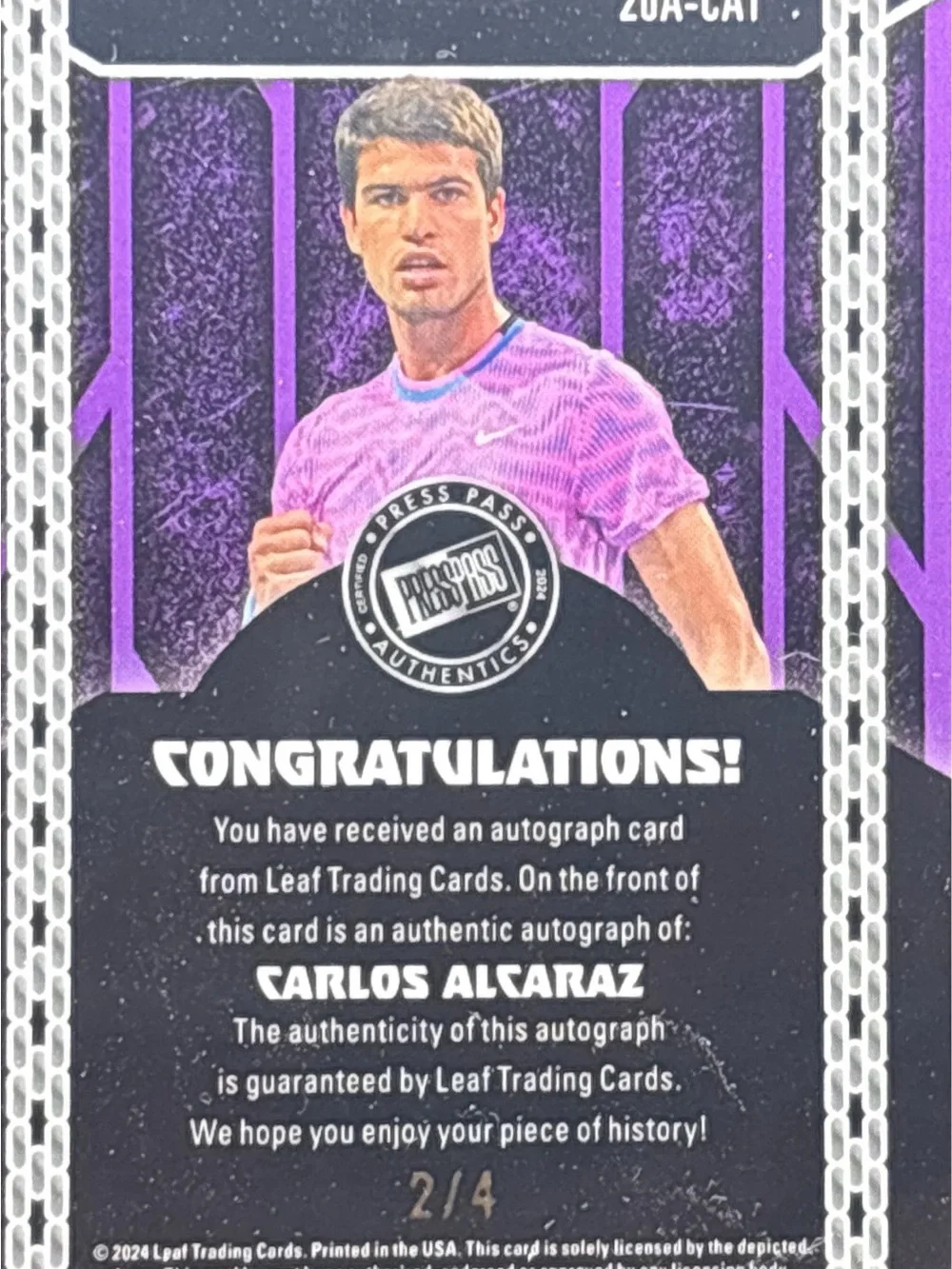 Carlos Alcaraz Autographed Tennis Trading Card - LE 2/4